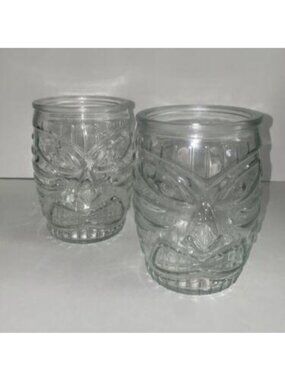 Set Of 2 Vtg Libbey Tiki Statue Tumblers Rocks Glasses Clear 16 Oz